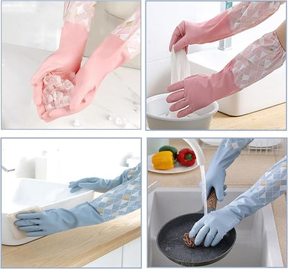 3PCS Dishwashing Cleaning Gloves with Cotton Flocked Liner, Reusable Latex Free Waterproof Long Cuff Kitchen Glove for Laundry, Cleaning, Working, Gardening(Pink+Green+Blue)