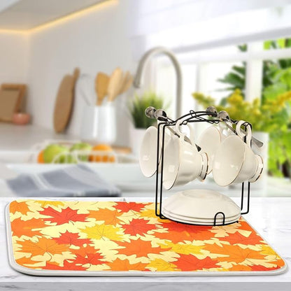 Autumn Maple Leaves Thanksgiving Dish Drying Mat for Kitchen Counter Absorbent Microfiber Drying Pad, Medium 16x18 in