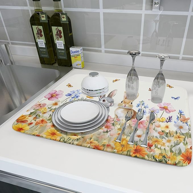Spring Easter Rabbit Dish Drying Mat for Kitchen Counter,Colorful Flowers Butterflies Drying Mat 18 x 24 Inch with High Absorbent Microfiber Drainer Mat for Coffee Bar