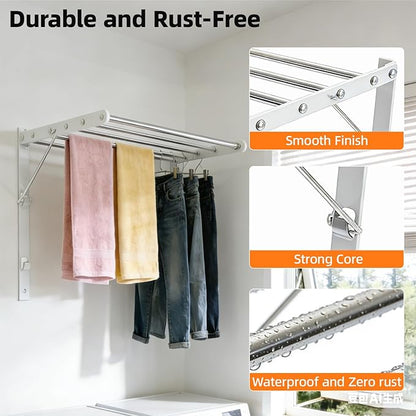 Wall Mounted Clothes Drying Rack, 24'' Retractable Foldable Laundry Drying Rack with 5 Stainless Steel Rods, Space Saving & Easy Installation for Laundry Bathroom Apartments-White