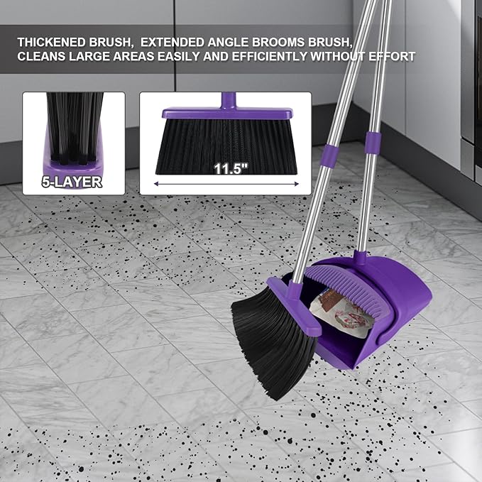 Purple Broom with Dustpan Combo Set, 51" Long Handle Household Cleaning Tool, Ideal Broom and Dustpan Set for Pet Hair and Home Use