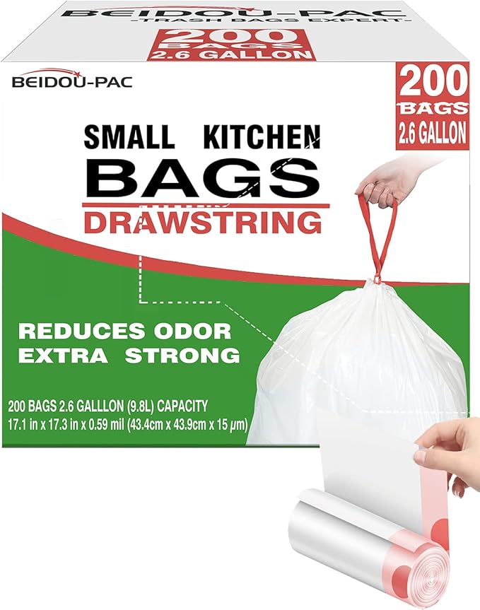BEIDOU-PAC Trash Bags, 2.6 Gallon, 200 Count, Drawstring, Odorless, Extra Thick, White Plastic, Food Scrap Bag for Home Office Bathroom Kitchen Bins