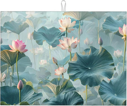 Pond Lotus Dish Drying Mats for Kitchen Counter, Absorbent Reversible Microfiber Dish Drying Pad, Multi-Use Large Drying Mat Coffee Bar Accessories 18"x24"