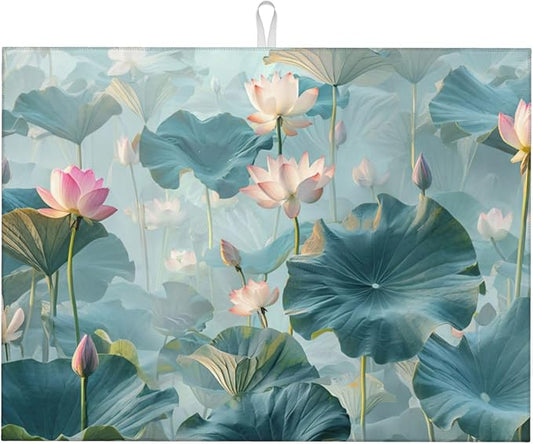 Pond Lotus Dish Drying Mats for Kitchen Counter, Absorbent Reversible Microfiber Dish Drying Pad, Multi-Use Large Drying Mat Coffee Bar Accessories 18"x24"