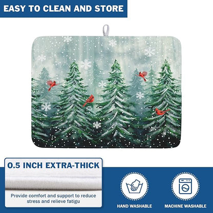 Winter Pines Tree Dish Drying Mats for Kitchen Counter, Christmas Tree Dish Mat Absorbent Reversible Microfiber Dish Drying Pad Winter Kitchen Drying Mat Dish Drainer Rack Mats for Coffee Bar 18"x24"