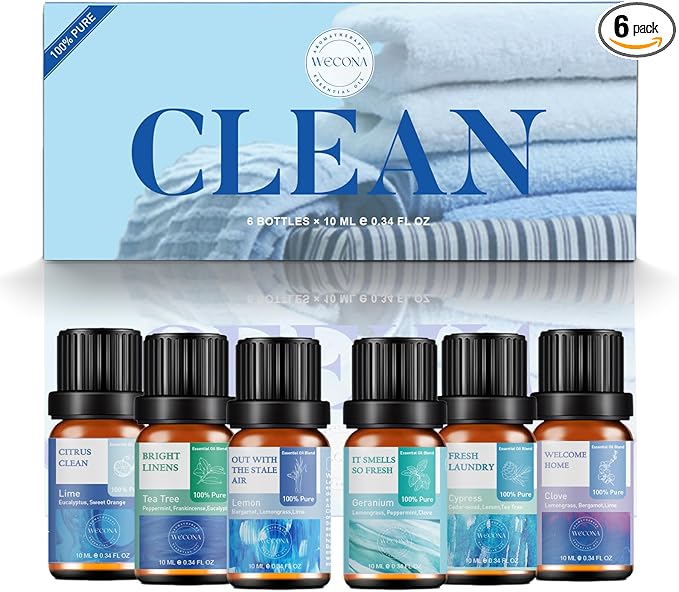 Wecona Essential Oils for Laundry - 100% Pure Essential Oils for Diffusers for Home,6x10ml(Clean)- Aromatherapy Oils for Humidifiers,Wool Dryer Balls,Clean Linen