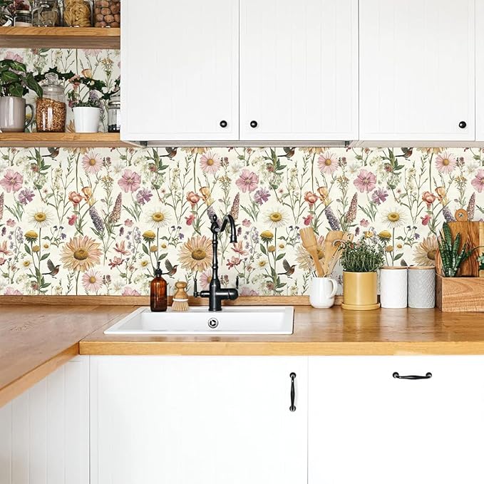 Livebor Floral Peel and Stick Wallpaper Floral Bird Contact Paper 16.9inch x 196.8inch Vintage Flower Wallpaper Peel and Stick Self Adhesive Flower Contact Paper Botanical Decor for Bathroom Vinyl