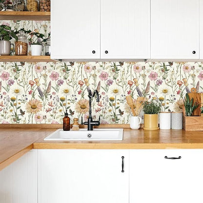 Livebor Floral Peel and Stick Wallpaper Floral Bird Contact Paper 16.9inch x 196.8inch Vintage Flower Wallpaper Peel and Stick Self Adhesive Flower Contact Paper Botanical Decor for Bathroom Vinyl