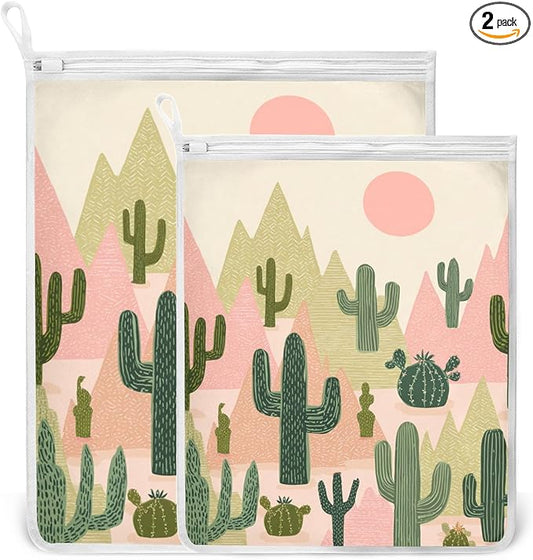Mesh Laundry Bags Lingerie Bags for Washing Delicates 2 PCS Durable Wash Bag with Zipper Small and Medium Washable Boho Cacti Mountains Sun