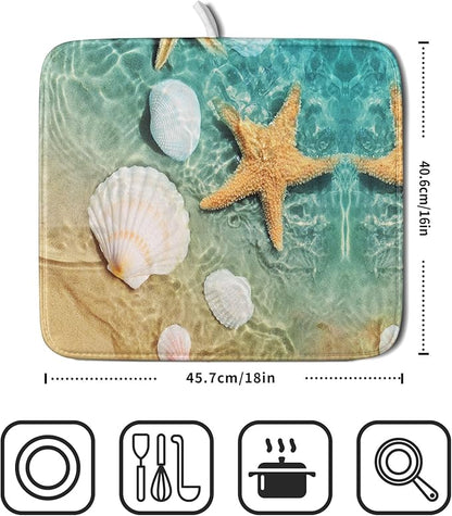 Summer Beach Style Dish Drying Mat for Kitchen Counter,Starfish and Seashell Drying Mat 16 x 18 Inch with High Absorbent Reversible Microfiber Dish Drying Pad Drainer Mat for Coffee Bar