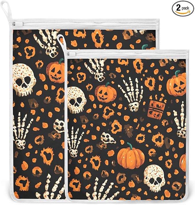 Mesh Laundry Bags Lingerie Bags for Washing Delicates 2 PCS Durable Wash Bag with Zipper Small and Medium Washable Halloween Leopard Pumpkin Skull Brown