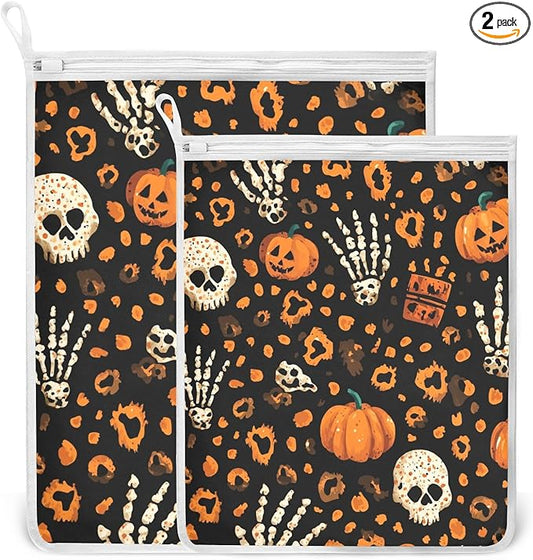 Mesh Laundry Bags Lingerie Bags for Washing Delicates 2 PCS Durable Wash Bag with Zipper Small and Medium Washable Halloween Leopard Pumpkin Skull Brown