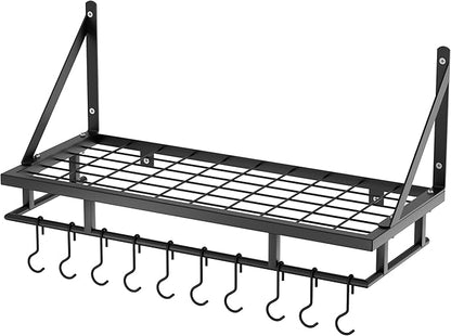 KES 24 Inch Kitchen Pot Pan Rack Wall Mounted Hanging Storage Organizer Wall Shelf With Hooks Matte Black, KUR215S60-BK
