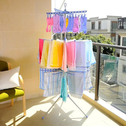 BAOYOUNI Folding Clothes Drying Rack 3-Tier Indoor Outdoor Space Saving Stand Hanger with 24 Clips and 32 Towels Bars for Baby Clothes, Cloth Diapers, Socks, Bras, Towels, Underwear (Blue)