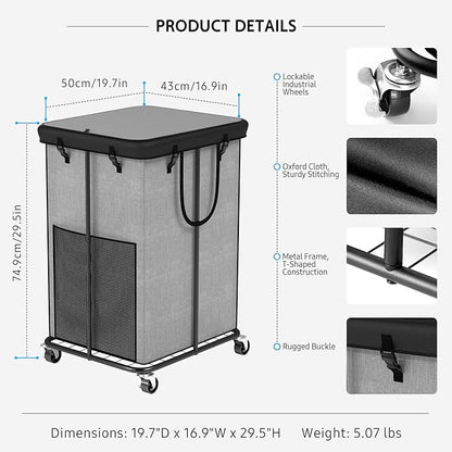 Large Laundry Hampers with Lid, Oxford Fabric Laundry Hampers, Metal Frame and Removable Bag Design with Wheels, Suitable for Bedroom, Bathroom, Dorm Room, Laundry Room (Cationic Gray with Lid)