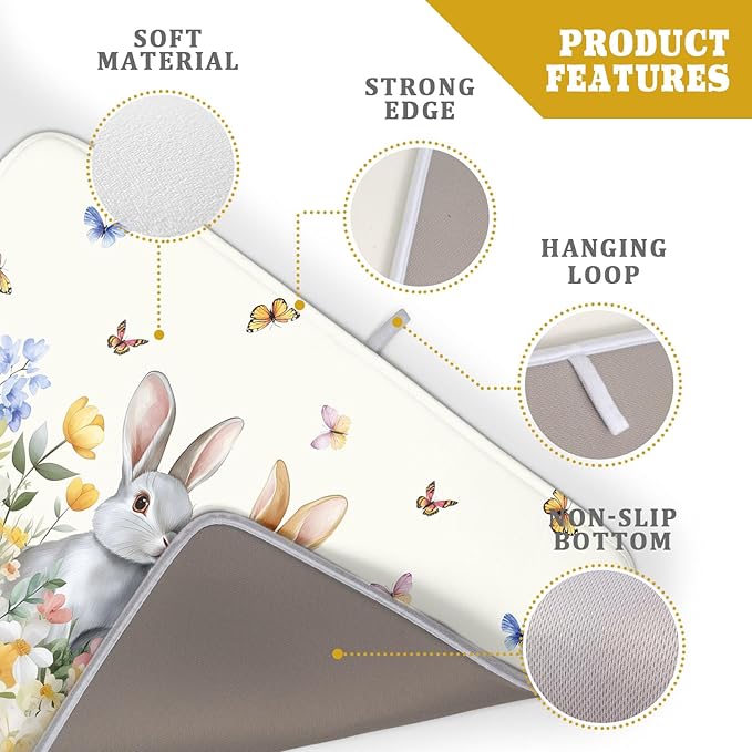Spring Easter Rabbit Dish Drying Mat for Kitchen Counter,Colorful Flowers Butterflies Drying Mat 18 x 24 Inch with High Absorbent Microfiber Drainer Mat for Coffee Bar