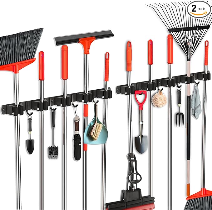 2 Pack Mop and Broom Holder Wall Mount, Upgraded Broom Hanger Wall Mount, Stainless Steel Broom Organizer for Closet Garage Laundry Room Kitchen Wall Decor Black 5R4H