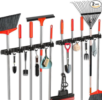 2 Pack Mop and Broom Holder Wall Mount, Upgraded Broom Hanger Wall Mount, Stainless Steel Broom Organizer for Closet Garage Laundry Room Kitchen Wall Decor Black 5R4H