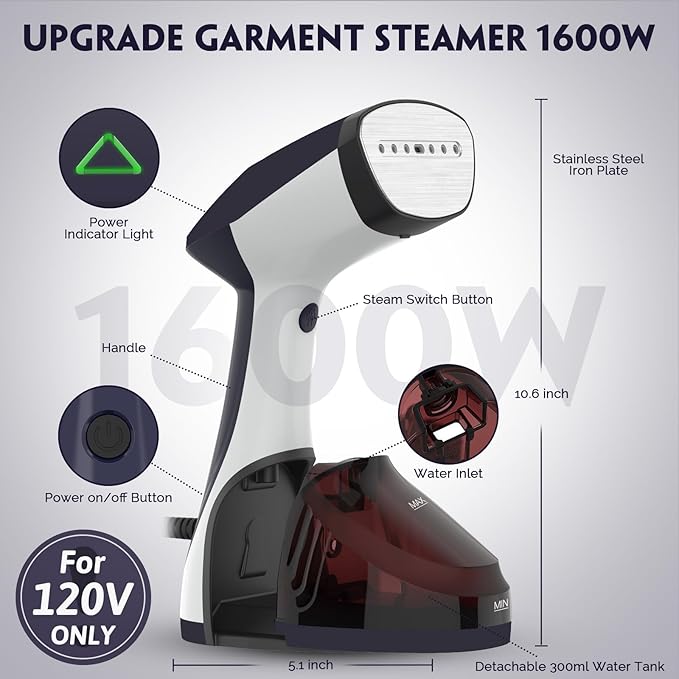 URPOWER 300ml Portable Clothes Steamer 15-Second Heat-Up Handheld Steamer for Clothes 1500W Detachable Tank, Stainless Steel Soleplate, Travel Garment & Fabric Steamers for Home/Office, 120V