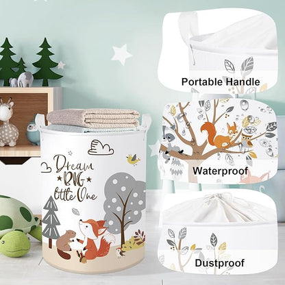 Forest Animals Laundry Hamper Woodland Tree Large Storage Basket Parents Organizer Kids Clothes Toy Bins for Bedroom, Bathroom, Fox, 63L