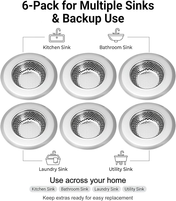 Kingrol Kitchen Sink Strainer 6-Pack, 4.5 Inch Stainless Steel Sink Drain Strainer, Fine Mesh Anti-Clog Food Catcher, Universal Fit for Standard Kitchen Drains, Dishwasher Safe