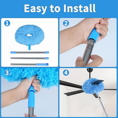 Ceiling Fan Cleaner Duster & Cobweb Duster with Extension Pole 15" -100" Reusable Microfiber Ceiling Fan Blade Cleaner Removable Duster (Blue) for Cleaning High Ceiling Fan Interior Roof Spider Web