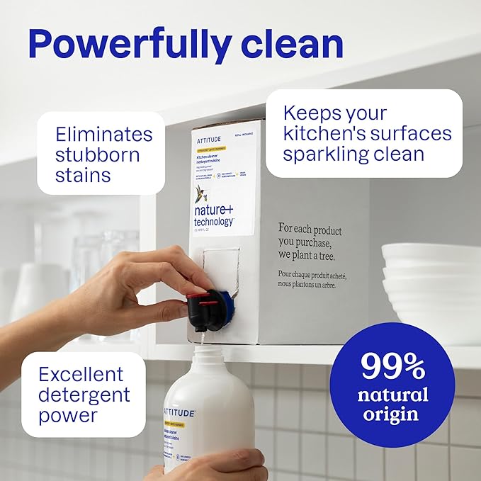 ATTITUDE Kitchen Cleaner Spray Refill, EWG Verified, Degreaser Spray to Cut Grease & Grime, Plant-Based & Vegan, Citrus Zest Scent, 67.6 Fl Oz (Pack of 4)