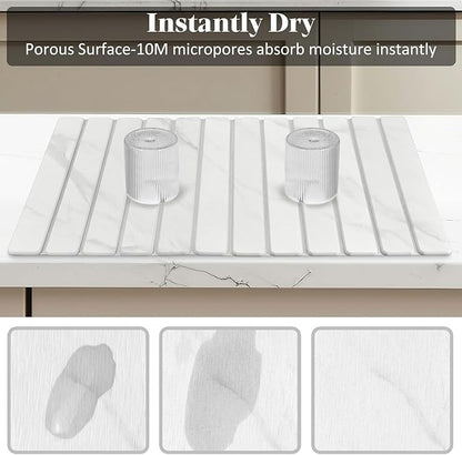Large Stone Dish Drying Mats for Kitchen Counter, 28"(L)×16"(W) Marble-Pattern, Fast Drying Collapsible Dish Drying Mat, Eco-Friendly Absorbent Diatomaceous Earth Mats for Match Countertop
