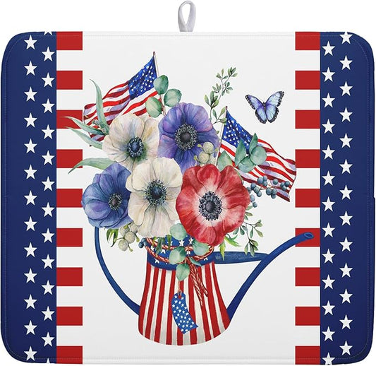 American Flag 4th of July Dish Drying Mats for Kitchen Counter Patriotic Flowers Dry Dishes Pads 16x18 Inch Microfiber Absorbent Independence Day Drainer Pad Tableware Mats Protector for Countertops