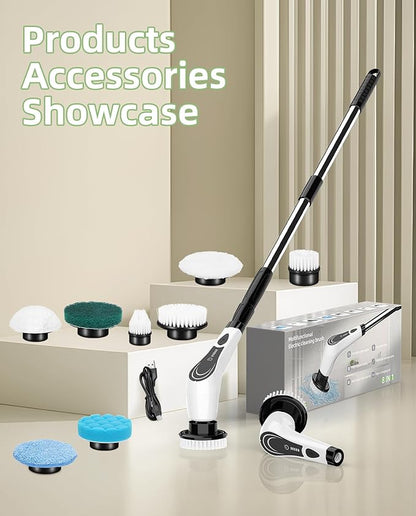 Electric Spin Scrubber, Cordless Power Scrubber with Replaceable Brush Heads, 2-Speed Adjustable Handle Floor Machine Pads, IPX7 Waterproof Shower Scrubber for Bathroom, Tile, Tub, Teens, White-qe1