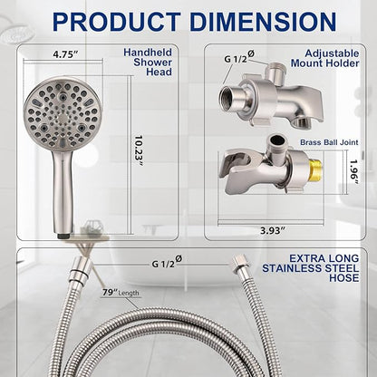 High Pressure 10-Setting Handheld Shower Head, 5" Detachable Shower Spray, 79" Extra Long Stainless Steel Hose, Adjustable Bracket - Brushed Nickel