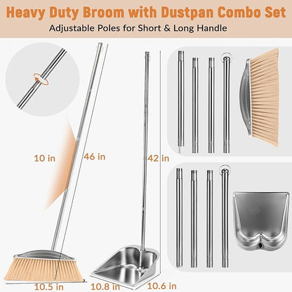 VOOWO Broom with Dustpan Combo Set, 46" Stainless Steel Broom and Dustpan Set for Home, Heavy Duty Dust Pan with Long Handle, Broom for Sweeping Indoor and Outdoor, Kitchen Broom and Dust Pan (Khaki)