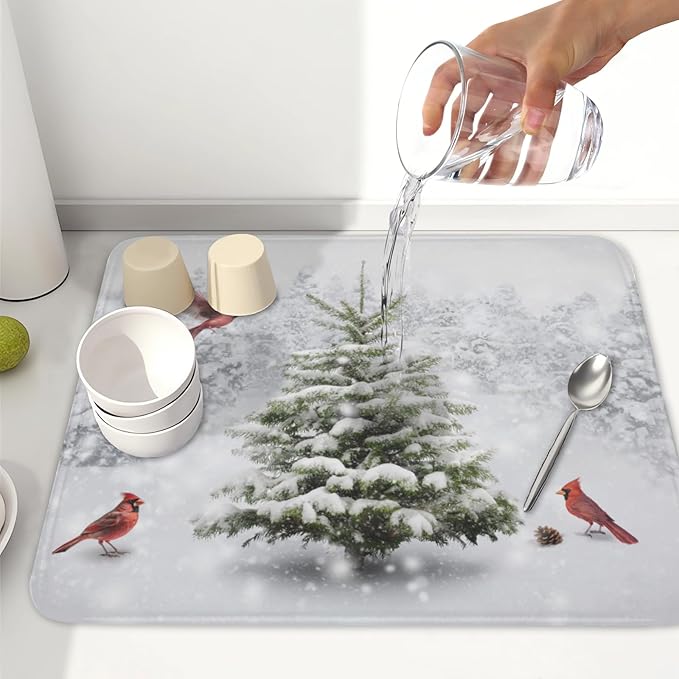 Winter Forest Dish Drying Mat for Kitchen Counter Silvery White Pine Trees Snow Snowflake Drying Mat 16x18 Inch Holiday Absorbent Dish Drainer Mat Kitchen Accessories