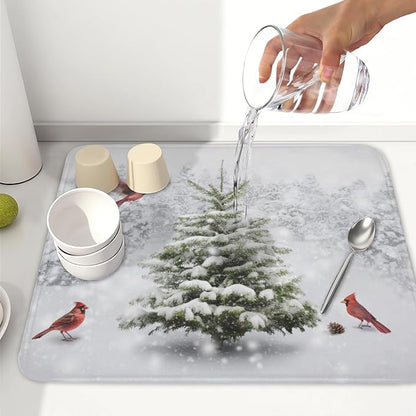 Winter Forest Dish Drying Mat for Kitchen Counter Silvery White Pine Trees Snow Snowflake Drying Mat 16x18 Inch Holiday Absorbent Dish Drainer Mat Kitchen Accessories