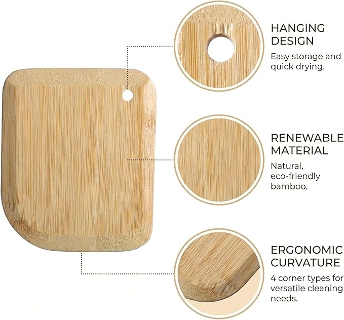 2 Pack Bamboo Dish Scrub Brush with Bamboo Pan Scraper Pot Scraper Non-Scratch Dish Scrapers Kitchen Cleaning Tools for Cast Iron Skillets, Cookware, Dishes, Pans Bowls, Plates and Pots