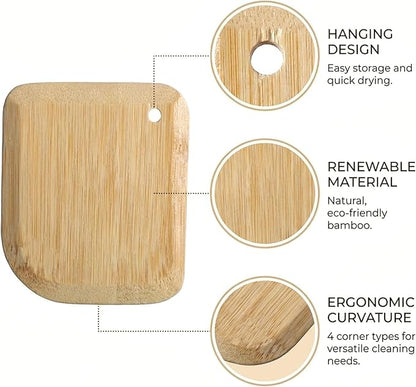 2 Pack Bamboo Dish Scrub Brush with Bamboo Pan Scraper Pot Scraper Non-Scratch Dish Scrapers Kitchen Cleaning Tools for Cast Iron Skillets, Cookware, Dishes, Pans Bowls, Plates and Pots