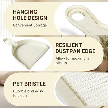 THINKLEARN 2PCS Mini Broom and Dustpan Set, Small Dustpan and Brush, Compact Hand Broom Dust Pan Set for Cleaning, Beige