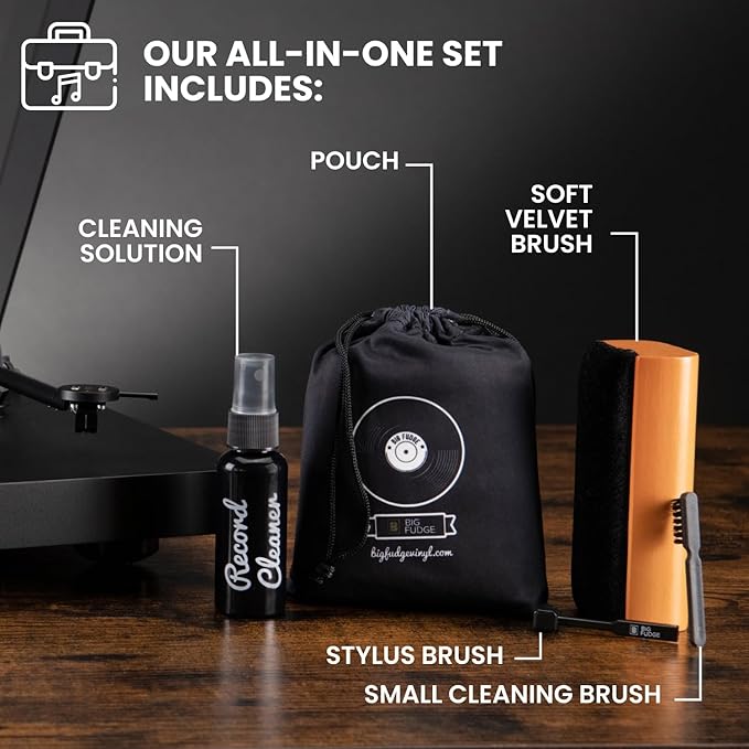 Big Fudge Vinyl Record Cleaning Kit - 4-in-1 Vinyl Record Cleaner Kit for Records Includes Ultra-Soft Velvet Brush Cleaning Liquid Stylus Brush and Storage Pouch - Pro Records Care