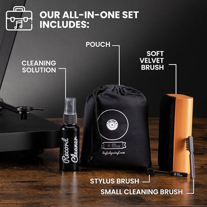 Big Fudge Vinyl Record Cleaning Kit - 4-in-1 Vinyl Record Cleaner Kit for Records Includes Ultra-Soft Velvet Brush Cleaning Liquid Stylus Brush and Storage Pouch - Pro Records Care