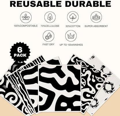6 Pack Swedish Dishcloths Reusable, Absorbent, Quick-Drying Sponge Cloths for Kitchen and Counter Cleaning, Reusable Dish Towels and Dish Cloths, Black & White