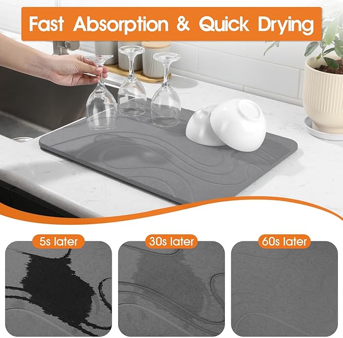 Snuggery Stone Drying Mat for Kitchen Counter - 18"x14" Dirt-Resistant Quick Drying Fast Absorbent Non-Slip Diatomite Mat, Natural Diatomaceous Earth Dish Drying Pad for Dish Rack(Dark Grey)