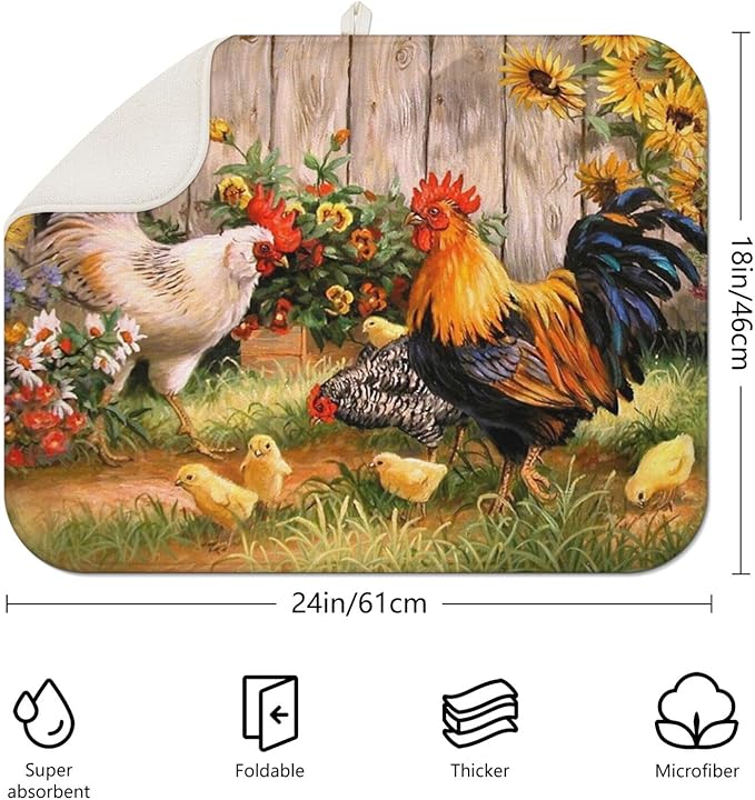 Dish Drying Mat Drainer Pads - Extra Large Microfiber Drying Mats for Dishes Kitchen Counter Super Absorbent Pads for Draining Racks (Rooster,18"x24" )