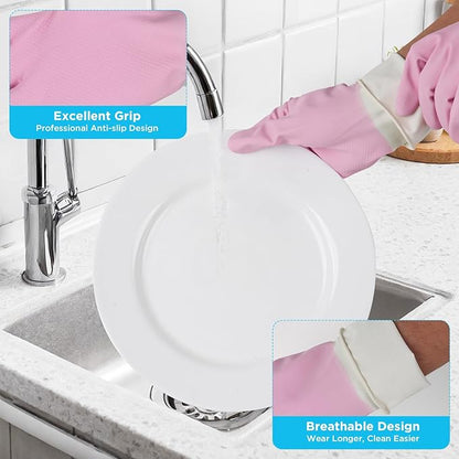 Household Rubber Gloves Non-Slip Dishwashing Cleaning for Kitchen & Bathroom Reusable (2 Pairs Pink+Blue)