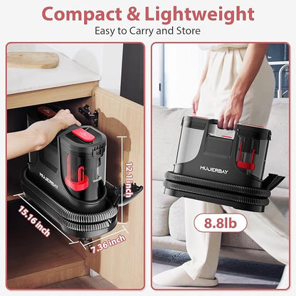 Upholstery Carpet Cleaner, MUJERBAY 15Kpa Portable Spot and Stain Cleaner Shampooer, Easy Move with Handle, 1.5-inch Deep Cleaning Machine for Couch, Stairs, Car and Pet Messes.