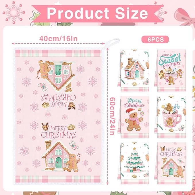 Pink Christmas Kitchen Towels, 6PCS Gingerbread Hand Tea Towels Set Xmas Housewarming Gifts, Candy Cane Kitchen Dish Clothes Bathroom Holiday Decor Supplies
