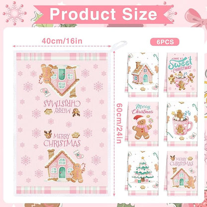 Pink Christmas Kitchen Towels, 6PCS Gingerbread Hand Tea Towels Set Xmas Housewarming Gifts, Candy Cane Kitchen Dish Clothes Bathroom Holiday Decor Supplies