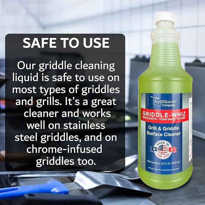 Griddle-Whiz Flat Top Grill Cleaning Kit - 4-Pack Griddle Cleaner w/ Scraper Tool & Pumice Stone for Tough Grease, Food Residue & Buildup on Griddles & Flat Top Grills - by FryOilSaver (32oz Bottles)