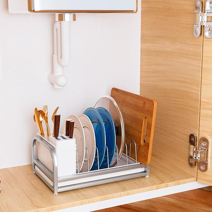Extra Small Dish Drying Rack, 304 Stainless Steel Plate Rack for Cabinet, Dish Rack for Kitchen Counter w Cutlery Holder, Dish Drainer w Drainboard Save Space, Pot Lid Organizer for Cabinet