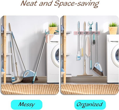 OUTNILI Pink Mop Broom Holder Wall Mount with 4 Slots & 4 Hooks - Wood Broom Mop Hanger for Pantry Closet Laundry Room Kitchen Organization - for Pink Kitchen Decor and Accessories