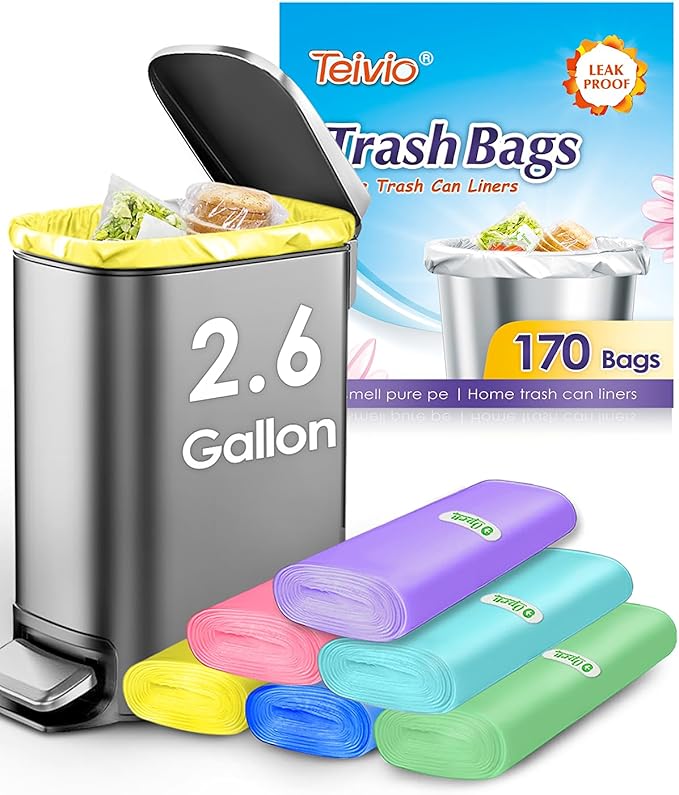 Small Trash Bags 2.6 Gallon 170 Count Strong Trash Bags Colorful Small Garbage Bags, Trash Can Liners for Bathroom Home Office Kitchen Bedroom, fit 5-10 Liter, 1,1.2,1.6,2,2.6,3 Gal,Multicolor